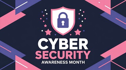 Cyber security awareness month graphic with shield and padlock symbol promoting digital safety and online protection concepts