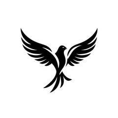 A stylized black bird with outstretched wings against a white background, in a minimalist design