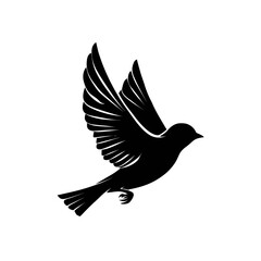 Simple black silhouette of a bird in flight, wings spread, against a white background