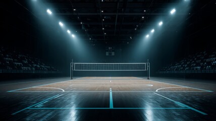Empty professional indoor volleyball court illuminated with bright arena lights ready for a match or training session