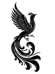 A grayscale image depicts a bird with elongated flowing tail, and outstretched wing, with a unique crest