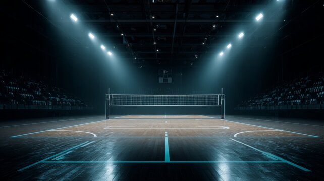 Empty professional indoor volleyball court illuminated with bright arena lights ready for a match or training session