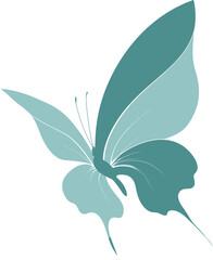 A stylized, simplified butterfly illustration in shades of teal and blue on a white background