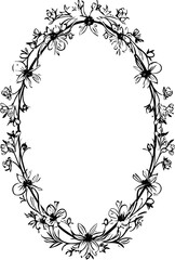An oval frame design with delicate, hand-drawn floral elements. Branches and blossoms create the outline