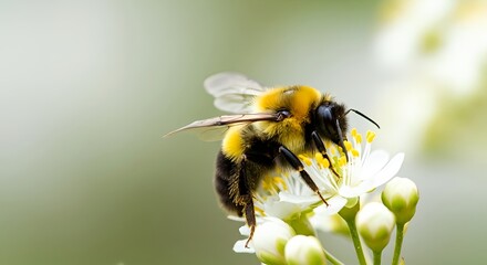Bumblebee Feeding on a Delicate White Flowe