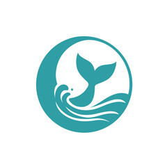 Circular turquoise illustration of a whale tail breaching with waves inside a white outlined circle