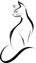 A minimalist black and white illustration of a cat sitting with its back arched, and its tail curled
