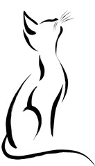 A minimalist, black ink illustration of a cat looking up, detailed with brushstrokes