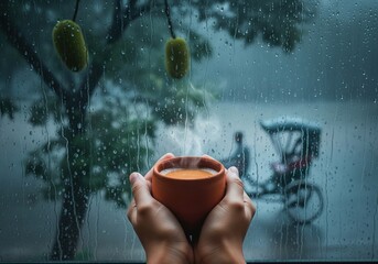Hands holding a clay cup of hot steaming bangladeshi cha while watching the rain outside