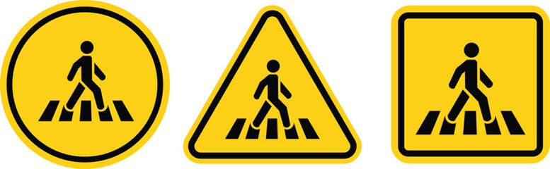 Pedestrian crossing sign. Silhouette man walking along crosswalk hazard symbol safety sign. Traffic road sign.