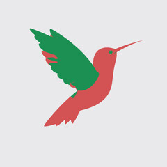 Stylized image of a hummingbird in flight, featuring green wings and red body, set on a white background