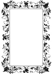 A rectangular border featuring intricate floral and leaf patterns in black, with an open white space