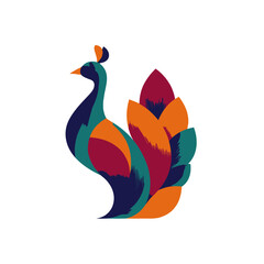 A stylized peacock illustration, composed of colorful geometric shapes, set against a white background