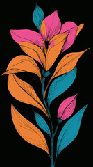 Colorful floral illustration featuring stylized leaves and blooms, vibrant hues against a black background
