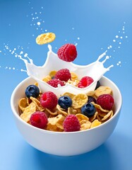 Cereal bowl with milk splash and berries
