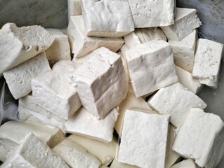 close up. A pile of raw white tofu cut into cubes