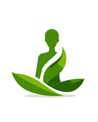 Green silhouette meditating within a leaf-like structure against a white background, representing nature