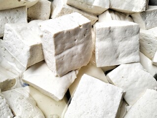Close up. A stack of raw, white cubed tofu.