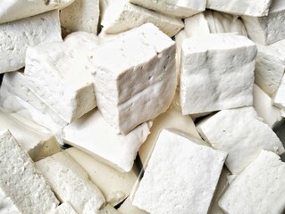 close up, A group of raw white tofu (tahu) blocks shaped into cubes