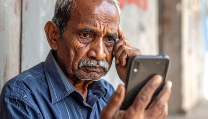 Elderly man holding a mobile phone, looking at the screen with a sad facial expression
