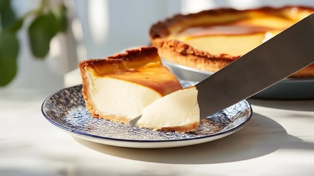 Slice of basque cheesecake being cut on a decorative plate food dessert
