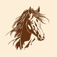 Horse Portrait Graphic image of horse's head with a flowing mane. Brown on beige