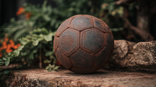 Close-up of a football on a grassy field ready for a match with stadium lights in the background, professional sports action concept