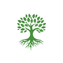 Obraz premium A stylized illustration depicts a green tree with a full canopy, trunk, and extensive roots