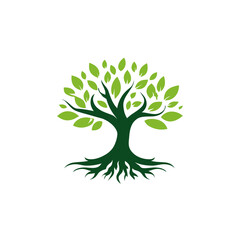 A stylized tree silhouette with a dark green trunk, roots, and branches, and light green leaves