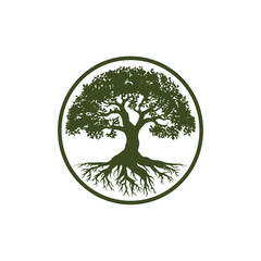 Obraz premium A stylized image of a tree inside a circle, with leafy branches, a trunk, and prominent roots