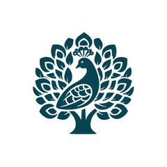 A teal bird silhouette with decorative feather detailing, integrated into a tree with stylized foliage