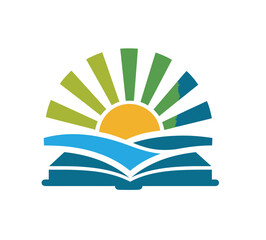 A colorful logo featuring a book, sun rays, and an ocean-like wavy line, symbolizing knowledge and nature