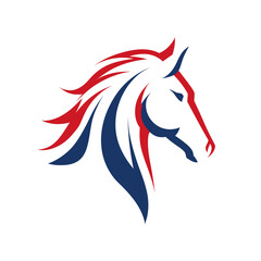 A minimalist illustration of a horse's head profile in patriotic red, white, and blue colors