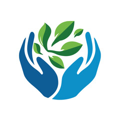 A logo depicting blue hands cupping green leaves on white background. The art style is simple