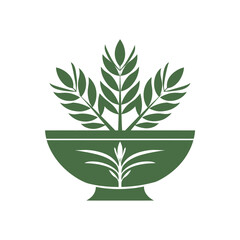 An abstract green illustration of a bowl with foliage. It resembles a plant in a pot