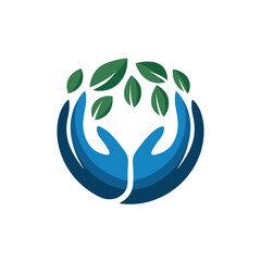 A circular design shows two blue hands cupping green leaves, symbolizing care and nature