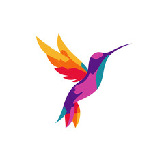 Colorful abstract illustration of a hummingbird in flight against a white background, vibrant hues