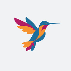 A colorful minimalist illustration of a hummingbird in flight, featuring various bright hues
