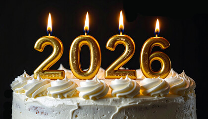 White frosted cake, golden candles with a flame, 2026 numbers. AI
