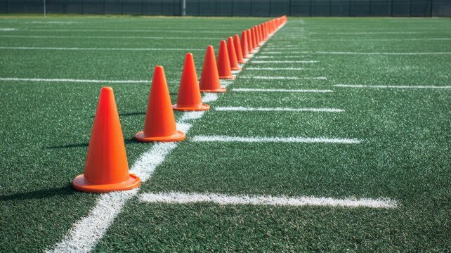 Professional football field with green grass, yard markers, goal line, and endzone ready for competitive game play