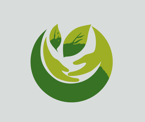 A logo with green hands cradling green leaves within a green circular shape against a light grey background