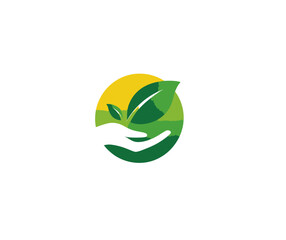A colorful eco-friendly logo featuring a hand cradling a plant in a round design