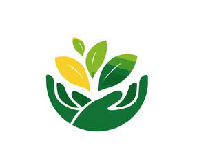 A logo depicting hands cradling leaves, featuring a yellow leaf, set against a white background