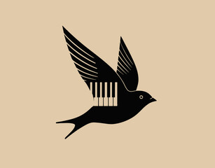 Musical Flight A black bird with piano keys in its body, wings spread, tan background