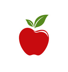 A stylized, simple illustration of a red fruit with green leaves, set against a white background