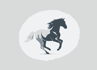 A grayscale image of a running horse silhouette inside a soft white circle, set on a gray backdrop
