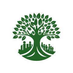 Obraz premium Verdant tree with cityscape & people, on a white background, green color