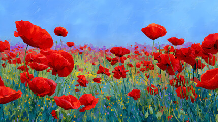 Obraz premium Vibrant oil painting of a field of red poppies under a bright blue sky, impressionist style