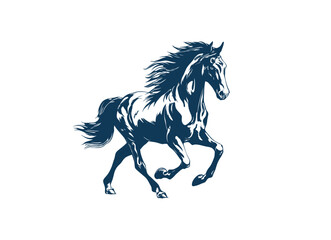 A silhouette of a horse running, with flowing mane and tail, against a stark white background