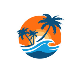 Fototapeta premium Tropical Paradise Palm trees silhouette against a sunset, above ocean waves